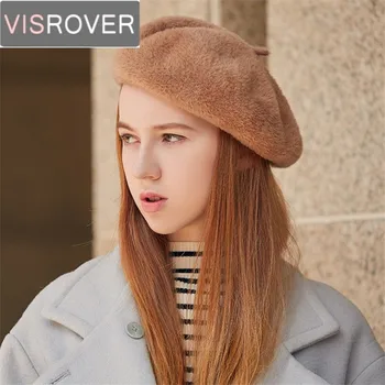 VISROVER Nueva temporada Otoño-Invierno Sólido Boina de Lana Sombreros para Mujer de Visón de Cachemira de Boinas de Mujer Gorro Casual de Alta Calidad de 5 Colores