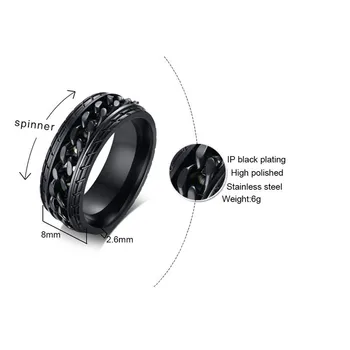 Vnox 8mm Negro Fresco Spinner Anillo de la Cadena para los Hombres de los Neumáticos de la Textura de Acero Inoxidable Giratorio Enlaces Punk Macho Anel