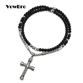 VowBro Negro Cuentas de piedra con cruz de acero Inoxidable Colgante de Hombre de Rosario Collar de Hombre de Mala joyería