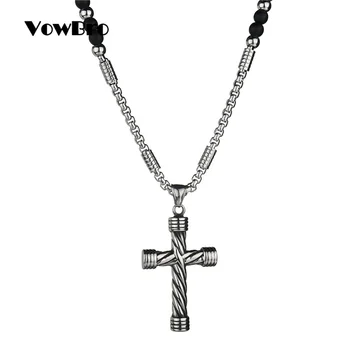 VowBro Negro Cuentas de piedra con cruz de acero Inoxidable Colgante de Hombre de Rosario Collar de Hombre de Mala joyería