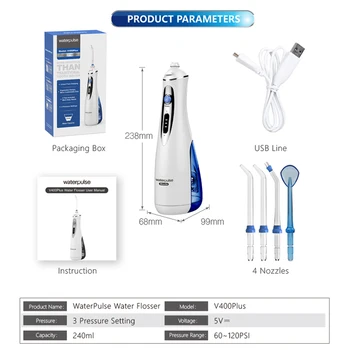 Waterpulse V400plus 3 Modos de Irrigador Oral Portátil Dental irrigador oral USB Recargable Eléctrico Jet Limpieza de los Dientes de la Máquina