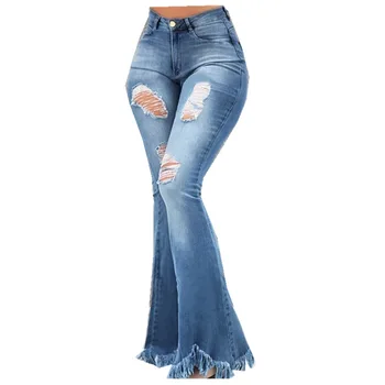 WEPBEL Jeans Casual Mujer Agujero Blanqueada Vintage de Cintura Alta pantalones Vaqueros de Moda de Color Sólido Tassled del Dril de algodón Pantalones Flare