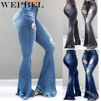 WEPBEL Jeans Casual Mujer Agujero Blanqueada Vintage de Cintura Alta pantalones Vaqueros de Moda de Color Sólido Tassled del Dril de algodón Pantalones Flare