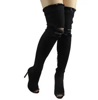 Wertzk las Mujeres Botas de verano otoño peep toe Más de La Rodilla Botas de alta calidad y de Alta elástico de los pantalones vaqueros de moda botas de tacón alto botas de S249