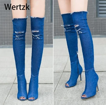 Wertzk las Mujeres Botas de verano otoño peep toe Más de La Rodilla Botas de alta calidad y de Alta elástico de los pantalones vaqueros de moda botas de tacón alto botas de S249