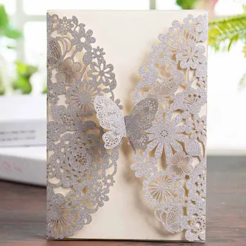 Wishmade Brillo de las Invitaciones de la Boda de Plata de Corte Láser de Tarjetas con la Mariposa de Encaje de Flores Diseños para Cumpleaños, Baby Shower 100pcs