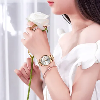 WLISTH las Mujeres del Reloj de Acero de Tungsteno de las Mujeres Relojes de Regalo de los Amantes de la Rosa de Oro Chino-inglés Calendario de Cuarzo Reloj Impermeable Reloj 16730