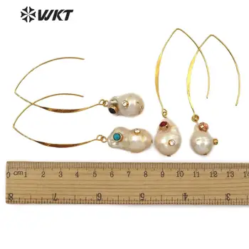 WT-E527 Barroco de la Perla del Pendiente de la Perla Blanca Con Doble Joya piedras del Encanto de las Mujeres de la Oreja de Alambre del Pendiente Natural de la Perla del Pendiente de la Joyería 139520