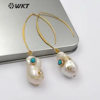WT-E527 Barroco de la Perla del Pendiente de la Perla Blanca Con Doble Joya piedras del Encanto de las Mujeres de la Oreja de Alambre del Pendiente Natural de la Perla del Pendiente de la Joyería