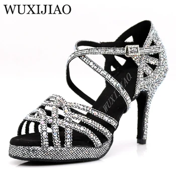 WUXIJIAO Nueva medalla de Plata negro de baile latino zapatos de las señoras de la salsa de diamante de imitación zapatos de baile de damas de baile de salón zapatos de tacón de 5 cm-10 cm 67264