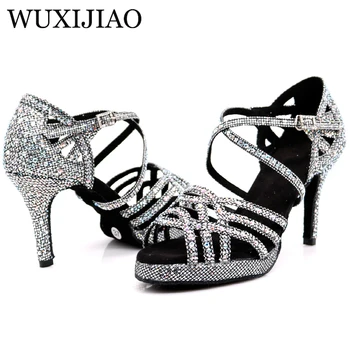 WUXIJIAO Nueva medalla de Plata negro de baile latino zapatos de las señoras de la salsa de diamante de imitación zapatos de baile de damas de baile de salón zapatos de tacón de 5 cm-10 cm