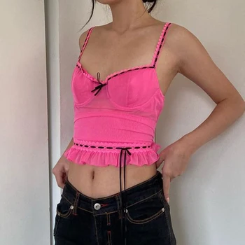 Y2K Aestehtic Rosa Lindo Crop Tops para Mujer de Encaje-hasta el Arco Sexy con Pliegues en la Camisola coreano de la Moda de Malla Corsé Tops de los 90 Cuteandpsycho