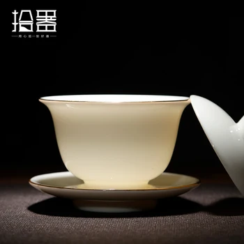 Yangzhi de jade, cerámica Kung Fu juego de té, un pequeño conjunto de casa de la taza de té cubra el tazón de fuente de la combinación de la taza de té Copa Master Dehua de porcelana blanca