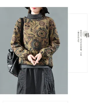 YoYiKamomo Otoño Parkas Mujer 2019 Delgada Vintage Nueva Impresión Cálidos Jerséis de Algodón-acolchado Loose women Coat
