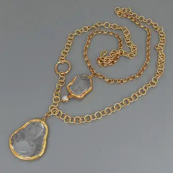 Y·YING 2 Hebras de Oro Galvanizado Collar de Cadena Claro Quartzs Buda Tallada Colgante de 19