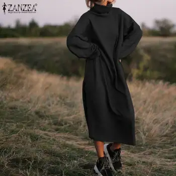 ZANZEA Más el Tamaño de las Mujeres de Largo Maxi Vestido Casual de Cuello alto de Pullover Sudadera Vestidos de Mujer Sudaderas Maxi Vestidos Túnica Femme