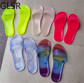 Zapatillas de Mujer 2020 de Verano Mujer, Zapatos de la Jalea del Caramelo de colores de PVC Plana Sandalias de las Señoras Peep Toe Casual Diapositivas Mujer Chanclas de Playa