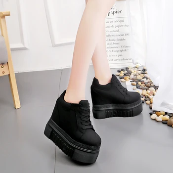 Zapatos de las Mujeres de Algodón Casual Patrón de Flores de Espesor Aumento de los Fondos de Encaje hasta Zapatillas de deporte de Primavera Negro Blanco Zapatos de Plataforma de Damas