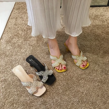 Zapatos de mujer Zapatillas Fuera de la Nueva Moda de Verano de Diamante Perla Brillante Aproximada de tacón Medio-Zapatos de tacón de 2019