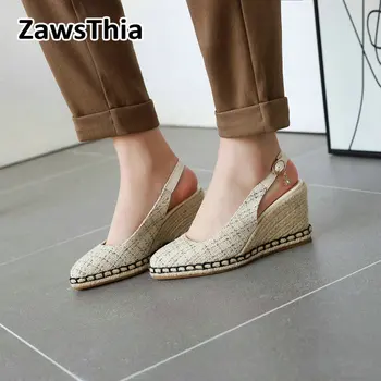 ZawsThia 2020 verano de tweed a cuadros comprobado mujer zapatos de plataforma cuñas zapatos de tacón alto sandalias del slingback mujeres cuñas de alpargatas femme