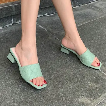 ZawsThia púrpura verde grueso medio tacón mujer, zapatos de diapositivas sandalias de la marca de lujo zapatillas mulas mujer grande, pequeño tamaño 33 43 10