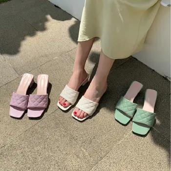 ZawsThia púrpura verde grueso medio tacón mujer, zapatos de diapositivas sandalias de la marca de lujo zapatillas mulas mujer grande, pequeño tamaño 33 43 10