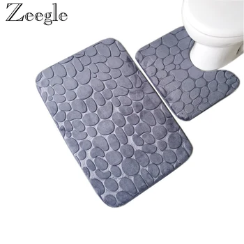 Zeegle 3D de Piedra en Relieve 2pcs alfombra de Baño de ajuste Anti-slip de Baño Esteras Absorbentes alfombra de Baño Set de Baño de la Manta de Franela forma de U Mat