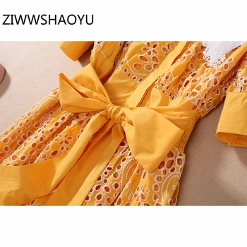 ZIWWSHAOYU las Mujeres de Verano Amarillo V-Cuello estilo Boho Vacaciones de Mini Vestidos de Diseñador de las Señoras de Arco Cinturón Hueco Bordado de Algodón Dressss 21240