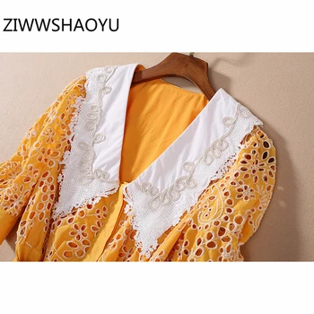 ZIWWSHAOYU las Mujeres de Verano Amarillo V-Cuello estilo Boho Vacaciones de Mini Vestidos de Diseñador de las Señoras de Arco Cinturón Hueco Bordado de Algodón Dressss