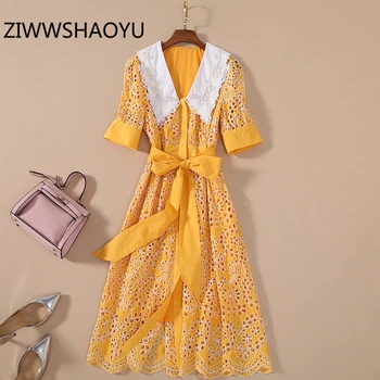 ZIWWSHAOYU las Mujeres de Verano Amarillo V-Cuello estilo Boho Vacaciones de Mini Vestidos de Diseñador de las Señoras de Arco Cinturón Hueco Bordado de Algodón Dressss
