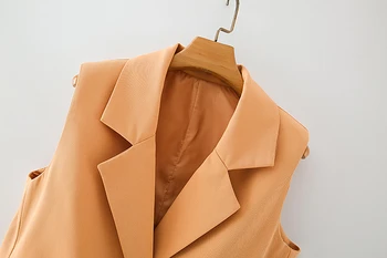 ZXQJ las mujeres de la moda sólido chaleco naranja 2020 nuevo y elegante dama de cuello en v de proa prendas de abrigo causal femenino delgado chaleco niñas chic conjuntos