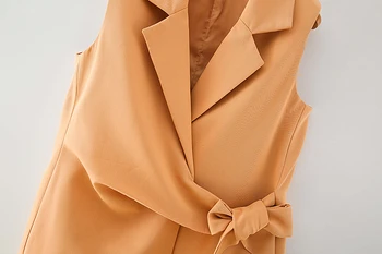 ZXQJ las mujeres de la moda sólido chaleco naranja 2020 nuevo y elegante dama de cuello en v de proa prendas de abrigo causal femenino delgado chaleco niñas chic conjuntos