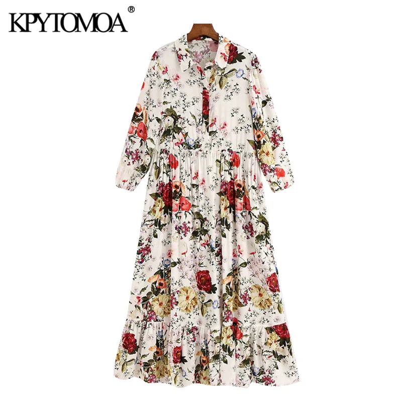 KPYTOMOA Mujeres 2020 Chic de la Moda de la Impresión Floral con Volantes Vestido Midi Vintage con Cuello de Solapa de Tres Cuartos de la Manga de la Mujer Vestidos de Mujer 0