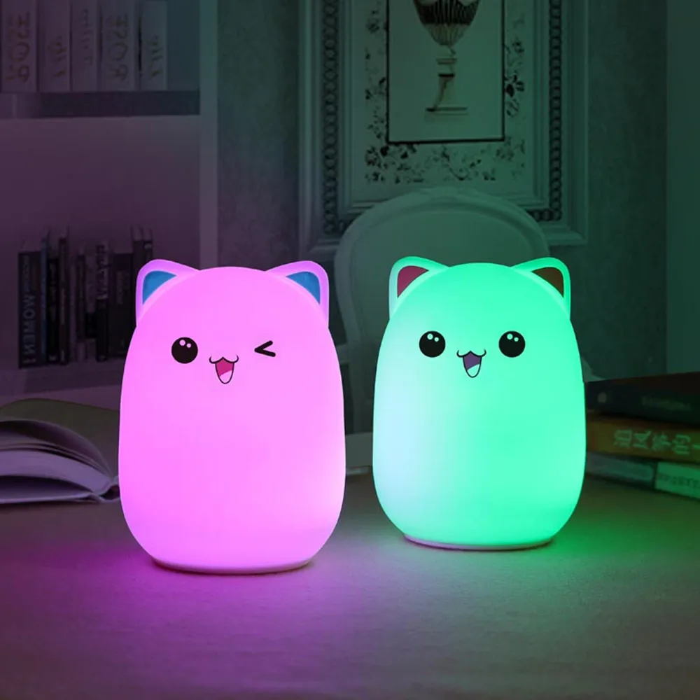 Gato de Noche LED Luz Lámpara Táctil de Control Remoto Colorido USB Recargable de dibujos animados de Silicona Lámpara de la Mesita para niños Niños Bebé 0
