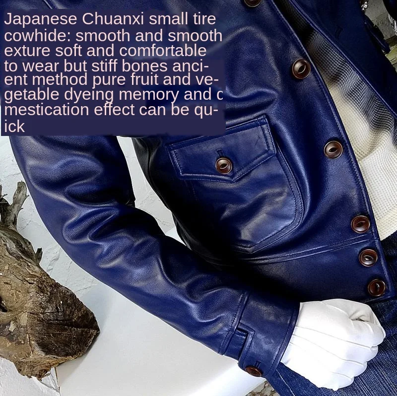 Azul Teñido Japonés Fetal piel de Vaca Curtida 1920 Cuero Auténtico Cuello de la Chaqueta de los Hombres de Alta Calidad 0