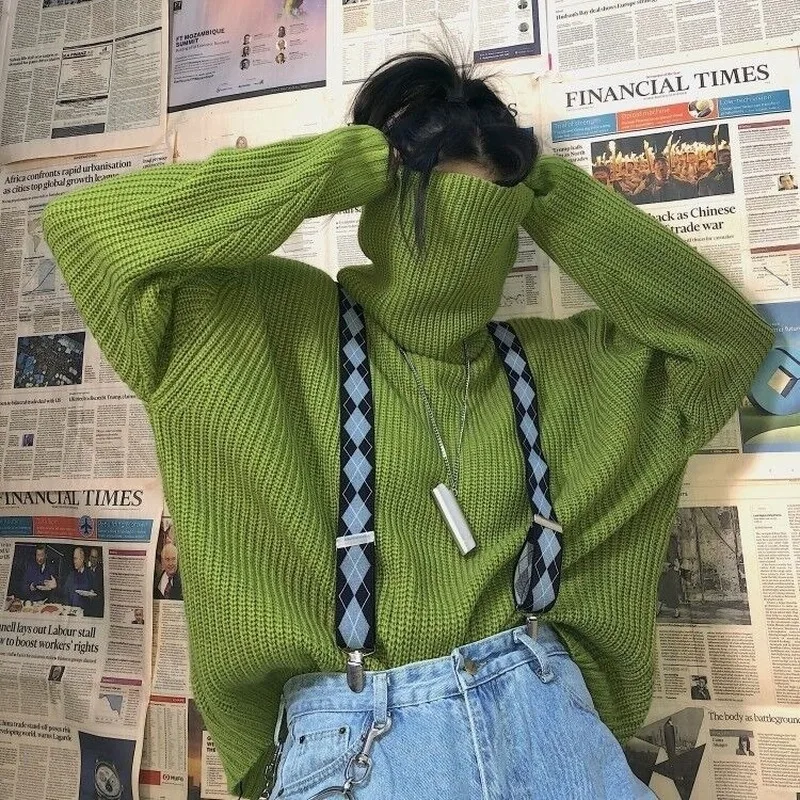 Cuello Suéteres de las Mujeres BF de Estilo Elegante de gran tamaño de color Verde Fresco del Invierno Femme Jersey Simple Dulce Pura Harajuku Ins Adolescentes Suéter 0