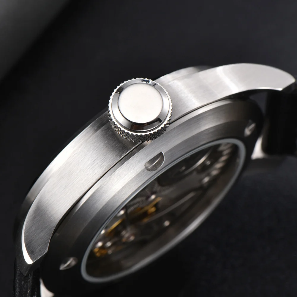 Parnis 46mm Mecánicos Mano de Viento Reloj de los Hombres de Negro Dial Reloj Luminoso Impermeable de Cuero Correa de reloj de Pulsera de los Hombres 0