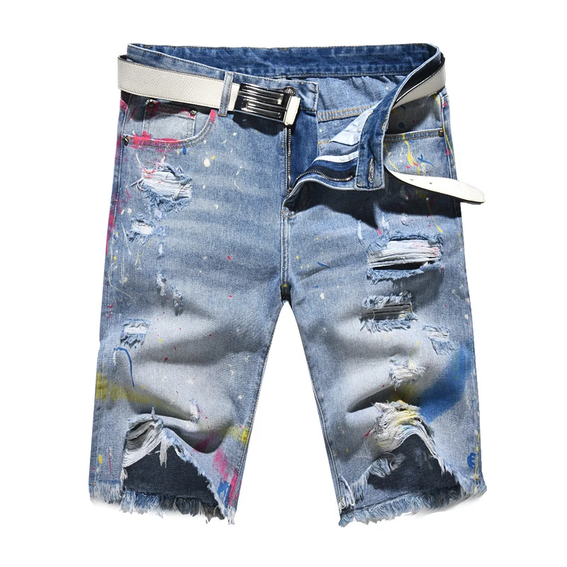 Sokotoo Hombres pintados agujeros rasgados cortos de mezclilla de Verano longitud de la rodilla de la calle angustiado destruido fringe mendigo jeans 0