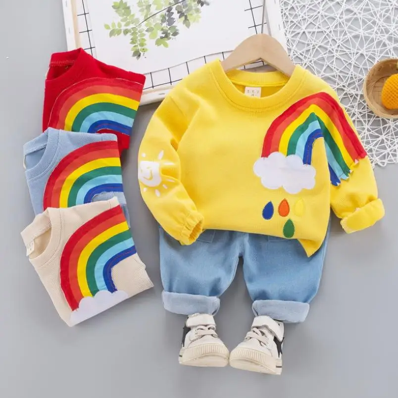2020New Primavera Otoño Niña Conjuntos de Niños Chicos camiseta de Algodón Pantalones 2Pcs Bebé Traje de arco iris Niño Casual Tracksuits0-4Y 0