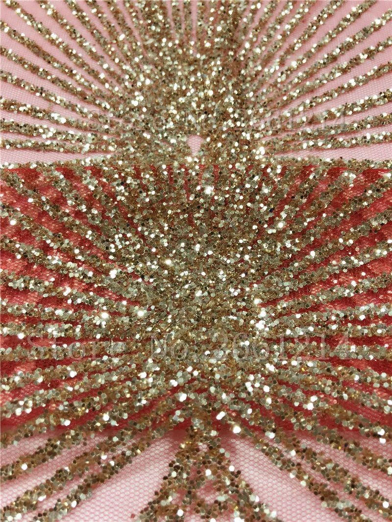 De color oro glitter rojo malla especial de la mano de impresión pegado brillo de la tela de encaje bordado del cordón para el vestido de noche 0