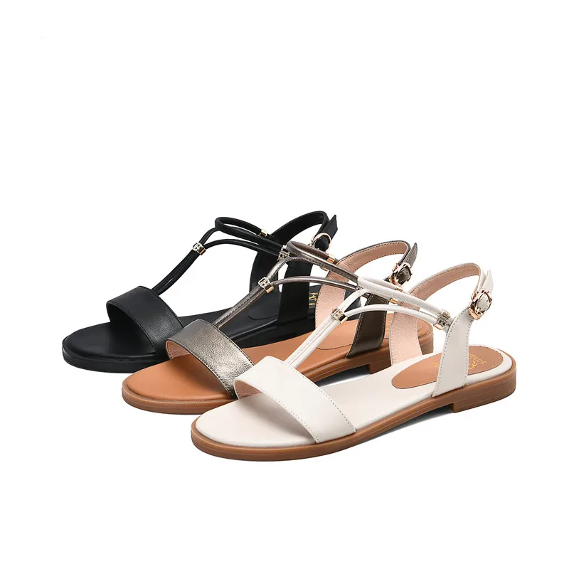 MORAZORA 2020 gran tamaño 43 zapatos planos de las mujeres sandalias de cuero genuino cristal de hebilla simple de verano casual de las señoras zapatos de las sandalias 0