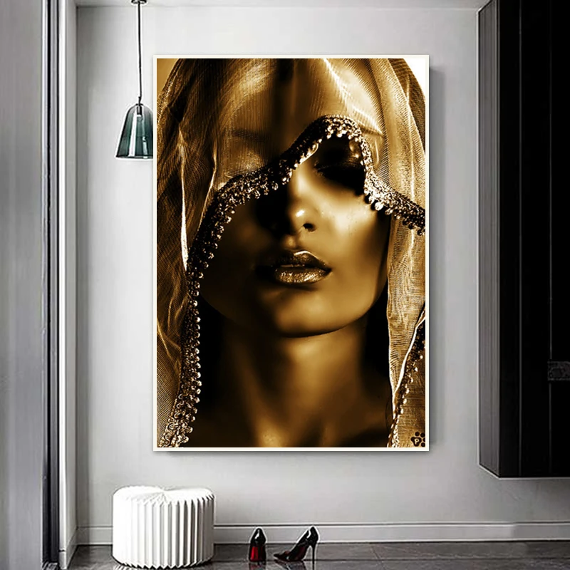 De oro de la Mujer Bajo el Turbante de Pintura al Óleo Lienzo de Oro Carteles y Grabados de Lujo Arte de Pared de Fotos para la Sala de estar quadro decorativo 0