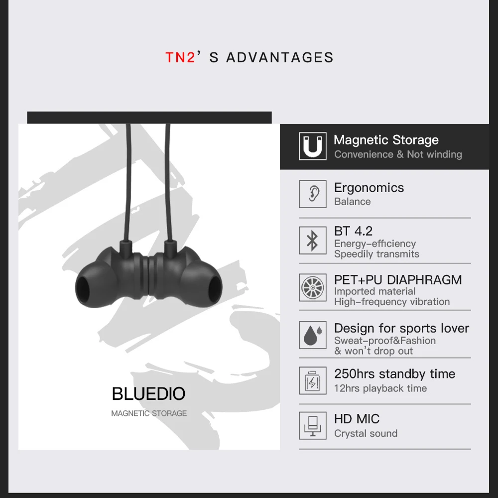 Bluedio TN2 Deportes Bluetooth para Auriculares de Cancelación Activa de Ruido Inalámbrico de Auriculares Estéreo de Auriculares de Deportes de la banda para el cuello Auriculares para Teléfono 0
