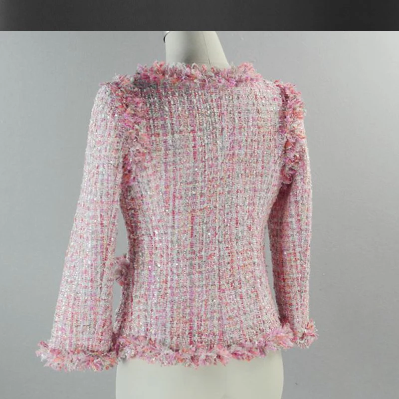 Rosa con lentejuelas chaqueta de tweed personalizado de otoño / invierno de las mujeres de lana chaqueta Slim nuevas señoras de pelo corto 0