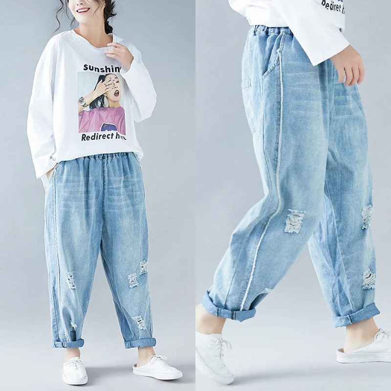 NYFS 2019 temporada de Primavera / Verano de las Mujeres jeans sueltos Agujeros de la personalidad de elástico en la cintura del Dril de algodón Pantalones de pelo Blanco, Pantalones Harem 0