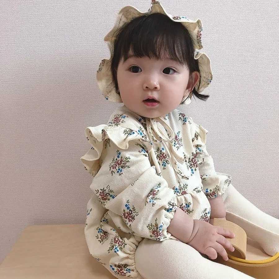 2020 Otoño Recién Nacido Bebé De Las Niñas Trajes De Volantes Puff Manga Floral Bebé Mono De Las Niñas De Bebé De Cumpleaños Ropa Con Sombrero 0