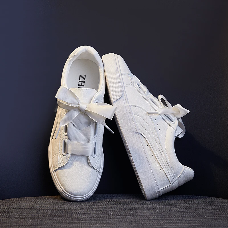 THZ 2021 Arco-nudo de la Cinta de Zapatos Casuales de la Plataforma de Zapatillas de deporte de las Señoras de cordones de la Marca de los Diseñadores de Caminar Dividir los Zapatos de Cuero Blanco Pisos 0