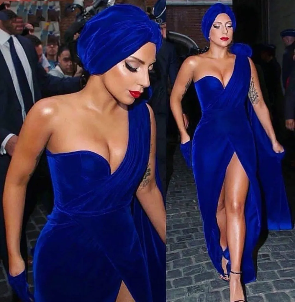 Lady Gaga Estrella de la Noche Vestido Real de Azul de Terciopelo Largo Formal Vestido Más el Tamaño de Un Hombro de la División Sexy traje de soirée de mariage 0