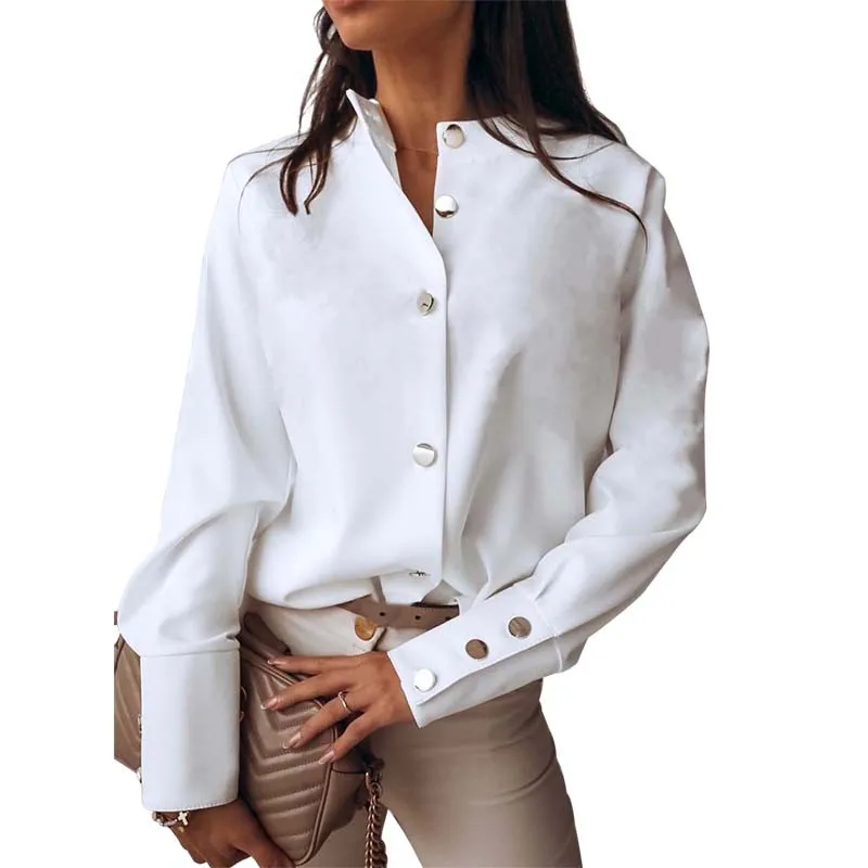 Otoño Blanco Blusa De Mujer De Moda Casual De Manga Larga De Cuello De Pie Plus Tamaño Señoras De Oficina Camisa Elegante Mujer Tops Y Blusas 0