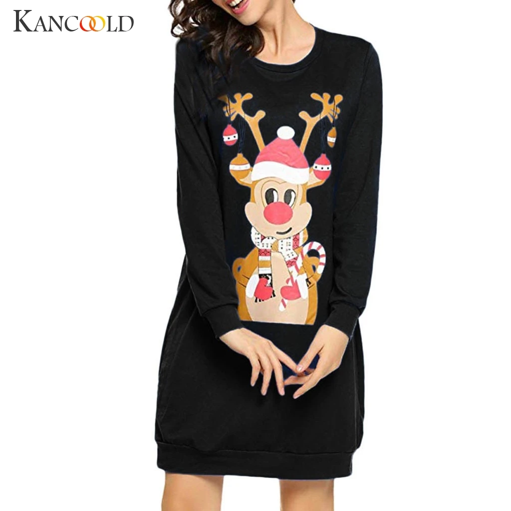 KANCOOLD S-XL Plus Tamaño de la Túnica de Otoño Vestidos de las Mujeres Casual de Impresión de dibujos animados de Navidad Vestido Casual Suelto de Manga Larga Vestido de Fiesta 0